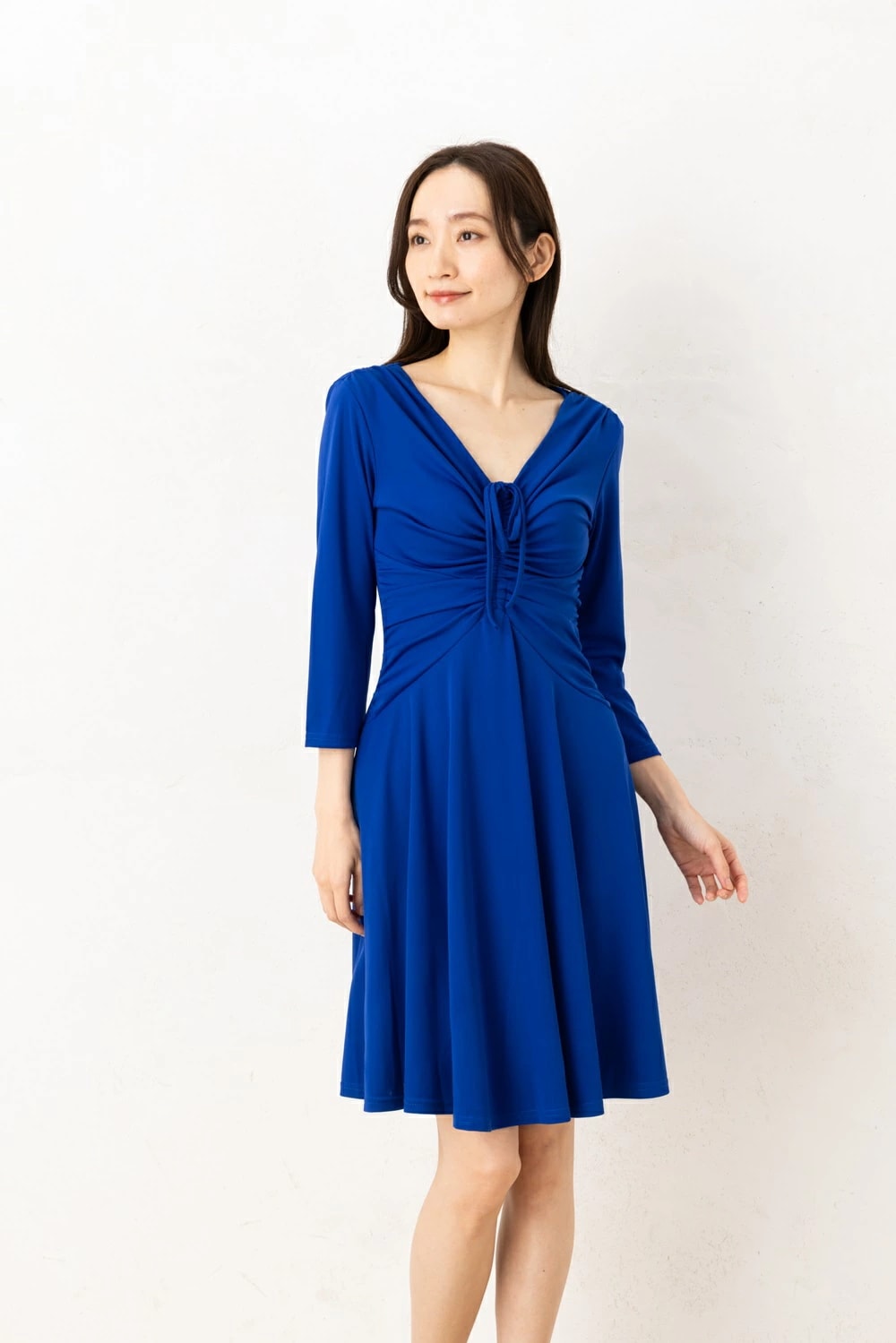 エジェリワンピース EGERIEワンピース T1 T2 T3サイズ 七分袖 膝丈ワンピース 無地 Vネック ジャージー素材 インポートワンピース ブルー