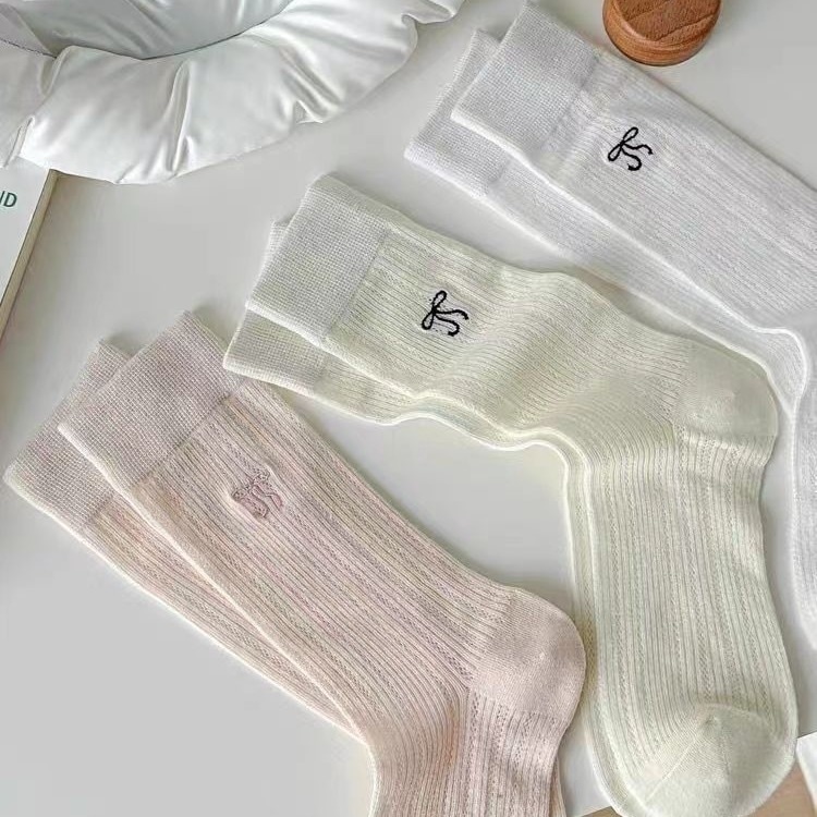 （NEW)春夏薄手ソックス女性用ミッドふくらはぎリボンバレエスタイルjkガールズ甘い中空通気性メッシュパイルソックスイン