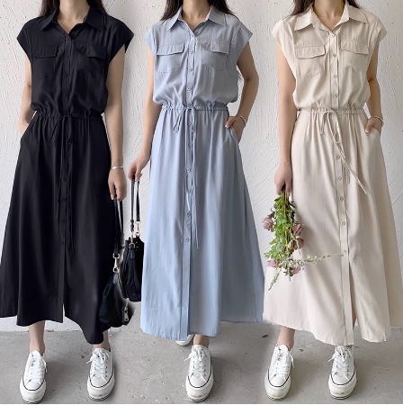 シャツワンピース ワンピース ロング ロング丈 袖なし ノースリーブ 襟付き ウエストマーク ウエストリボン 前開き 快適 着心地 大人可愛い シンプル カジュアル 大人 上品 おしゃれ 大人女子 5,443円