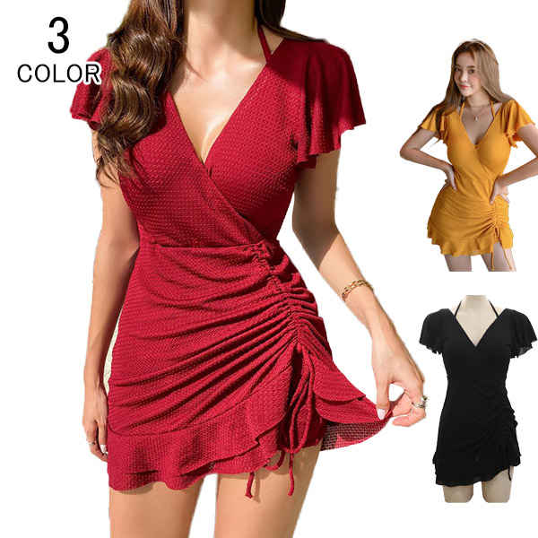 水着 レディース ワンピース オールインワン 体型カバー カシュクール 無地 露出控えめ ビキニ かわいい 大人 女性 ミセス ママ水着 オトナ女子 バックシャン セクシー aaa