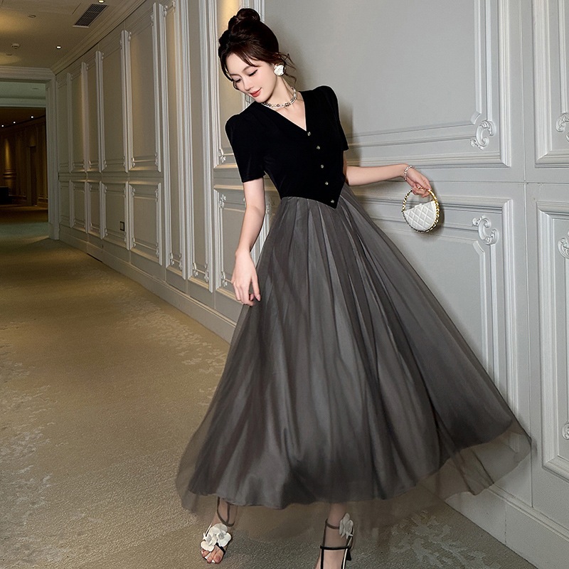 韓国ワンピースドレスかわいいパーティードレス スーツワンピース レディース 2025夏新作セレブ気質スレンダーブラックワンピース