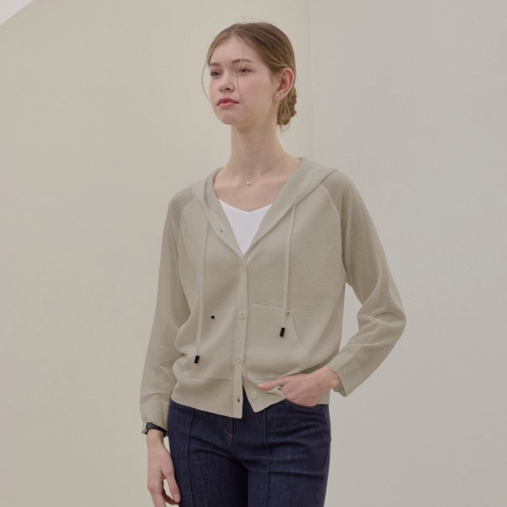 [リアーナニューヨーク] レーヨンニットフード付きカーディガン_ライトベージュ