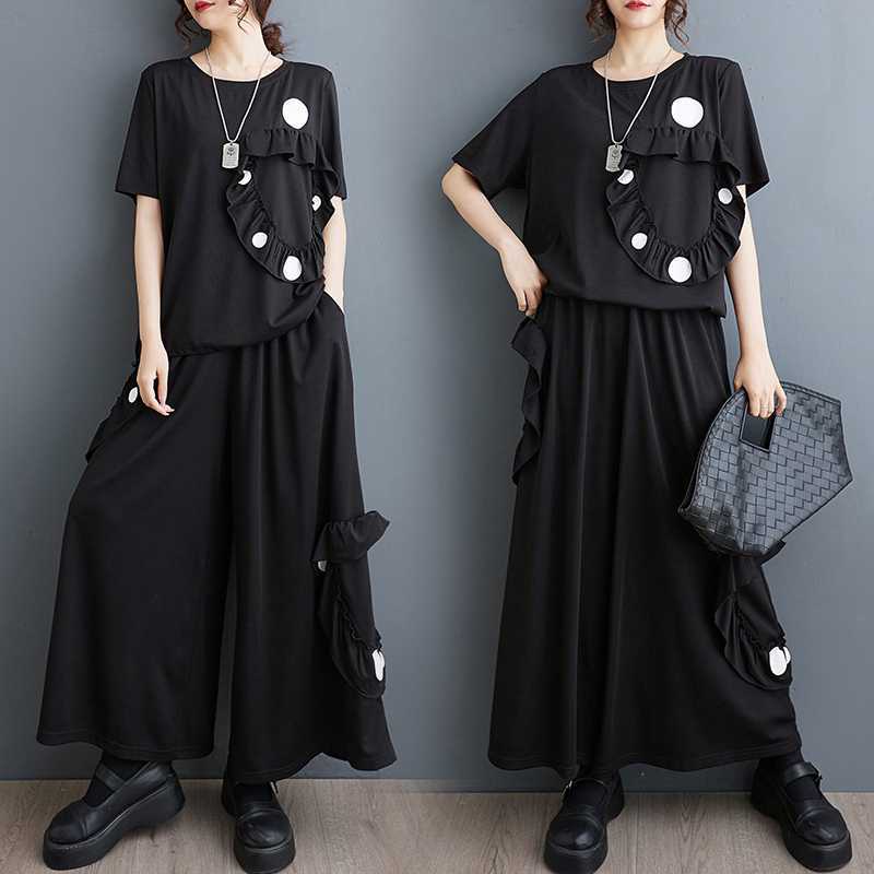 「ファットガール」 2024夏新品 上下セット 水玉 フリル Tシャツ+ロングスカート 大きいサイズ 体型カバー レディース セットアップ30%までに制限