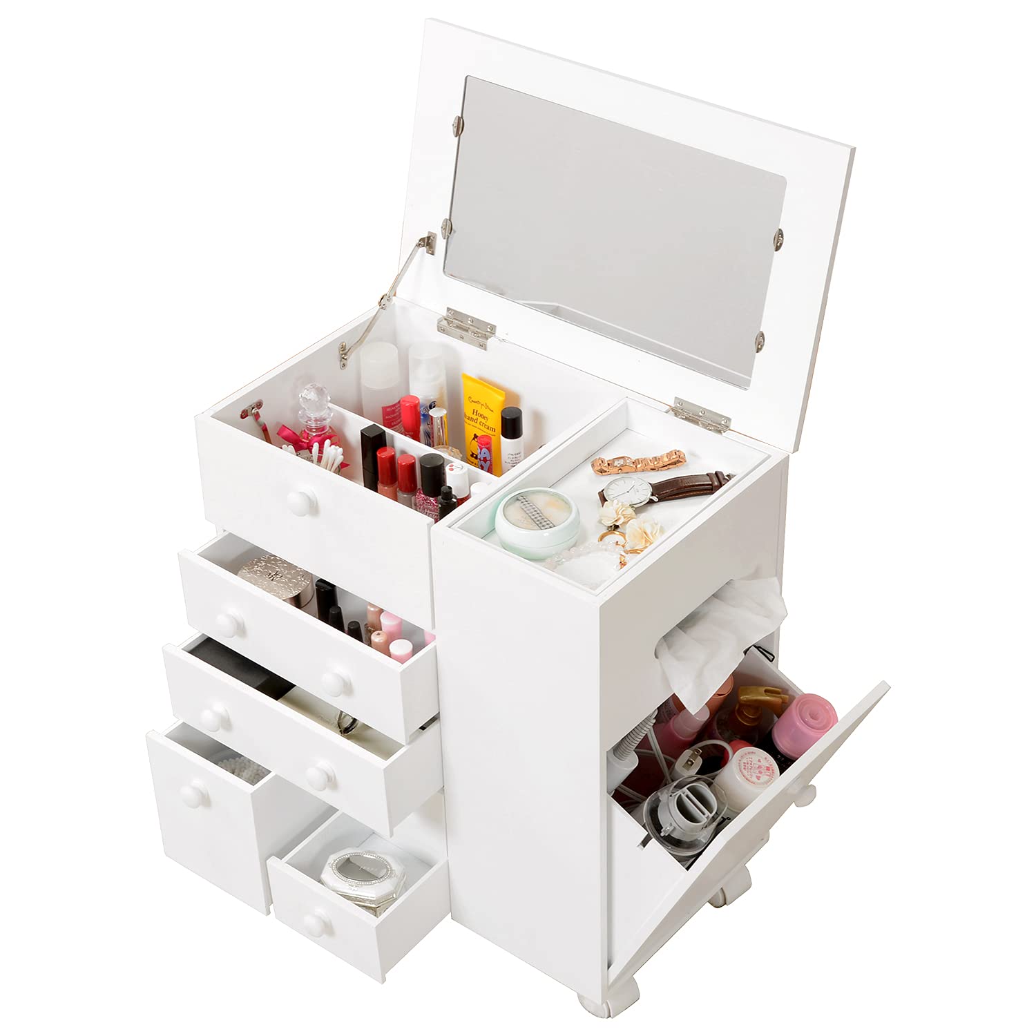 コスメワゴン 鏡台 コスメボックス ドレッサー ホワイト 幅46×奥行28×高さ50.5cm たっぷり収納 キャスター付 MUD-6649WH 1台入り