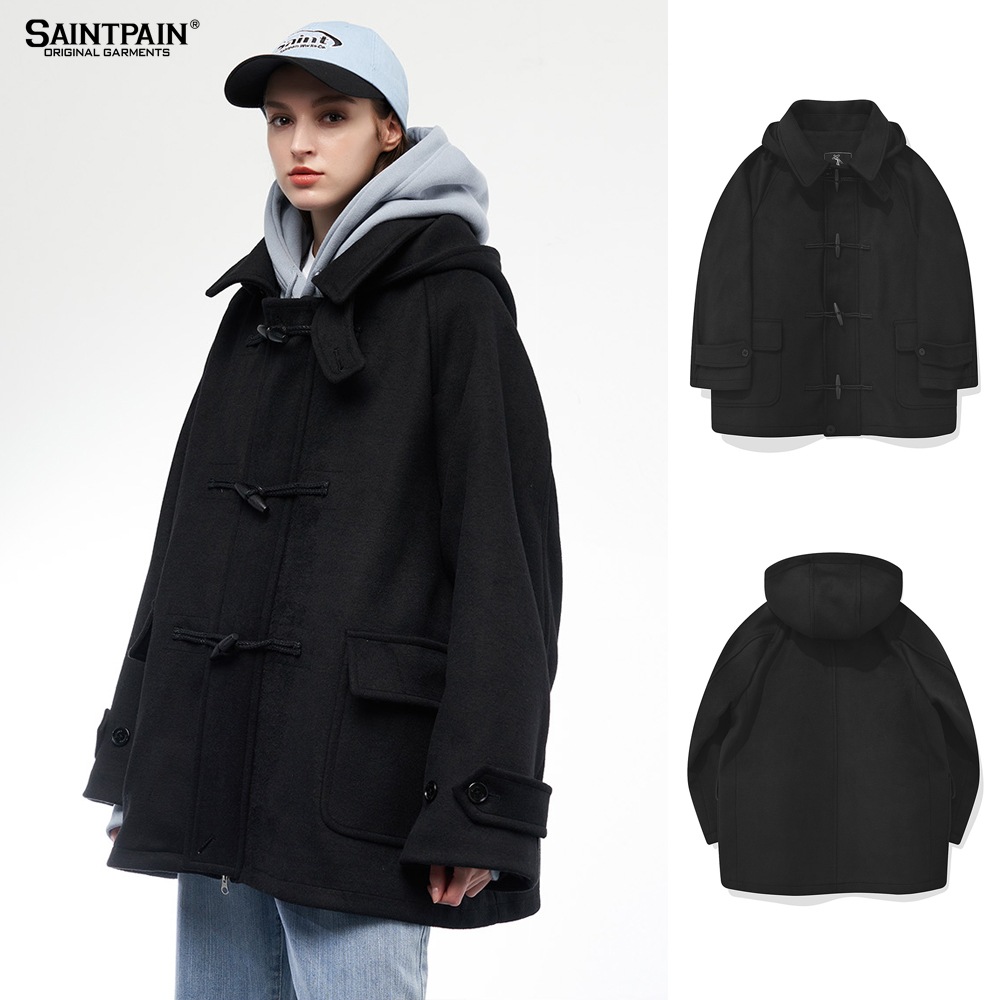 SP OVER FIT WOOL DUFFLE SHORT COAT-BLACK
