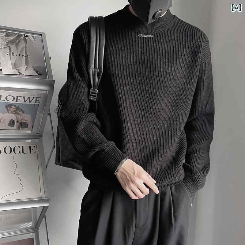 セーター メンズ ニット トップス 冬 暖かい ファッション 韓国 ラベル ハーフ タートルネック 秋冬 トレンディ シャツ 長袖 インナー