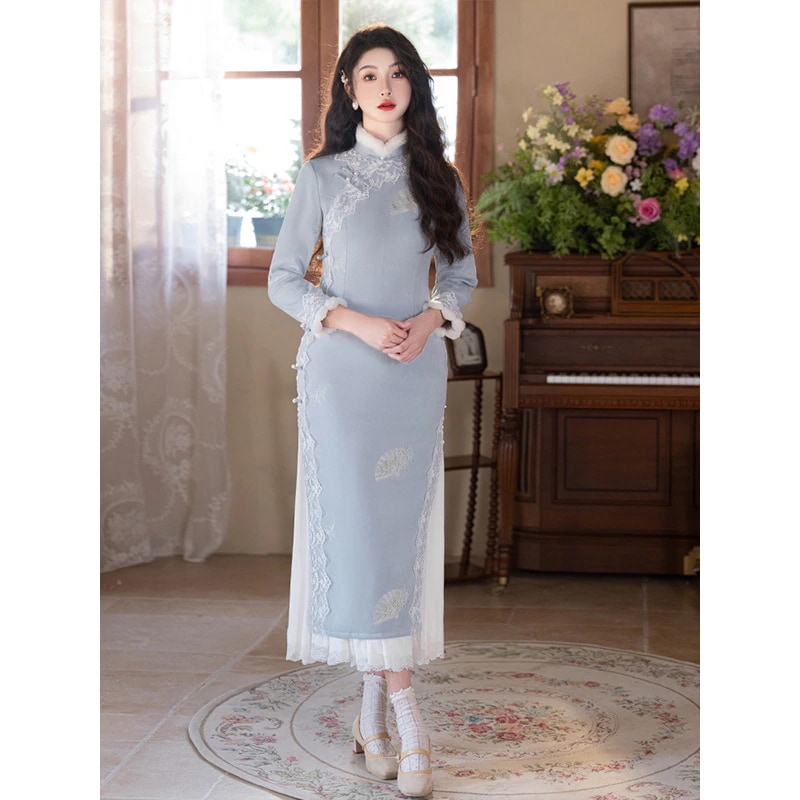 ワンピースドレスドレス青い美しい新しいのチョンサム秋と冬のウールの改善漢服ミスドレス長冬