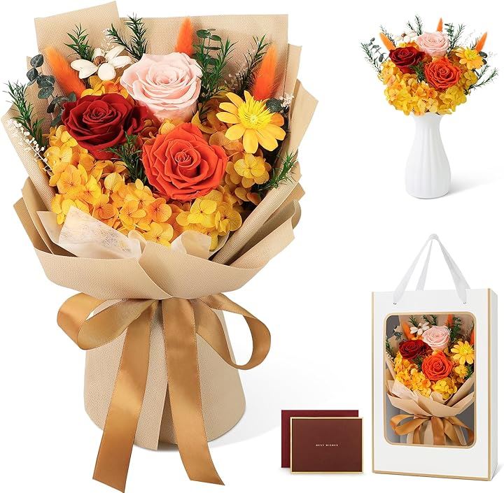 プリザーブドフラワー 枯れない花 花束 薔薇 香りあり 花瓶付き 誕生日 記念日 バレンタイン 卒業式 ホワイトデー お返し 女性 人気 ブーケ(オレンジイエロー) 6,540円