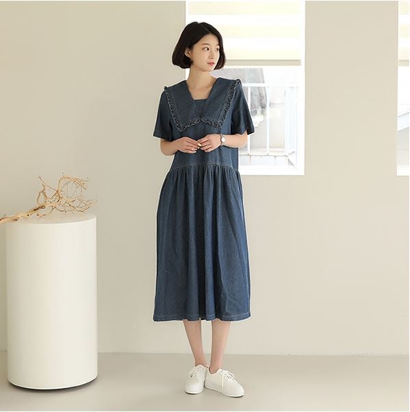 [bbaebbae] セーラーカラー 半袖 デニム ロングワンピース デイリーユースしたい楽ちん＆可愛いアイテム (送料無料)おしゃれなシルエットのファッションコーデー提案ハイクォリティー/韓国ファッ