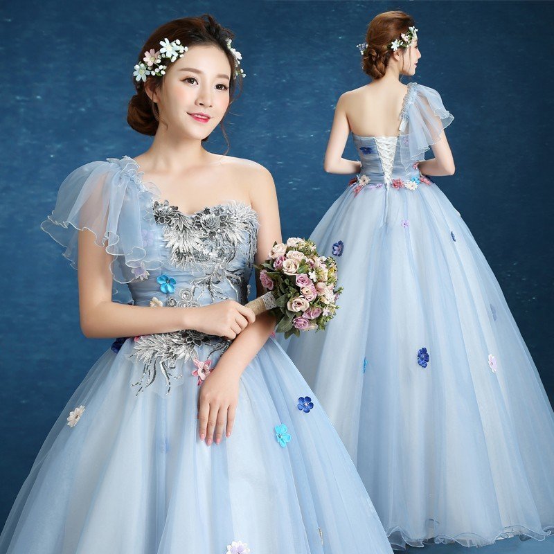 ウェディングドレス カラードレス 演奏会 ワンショルダー 安い パーティードレス 披露宴 二次会 ロ