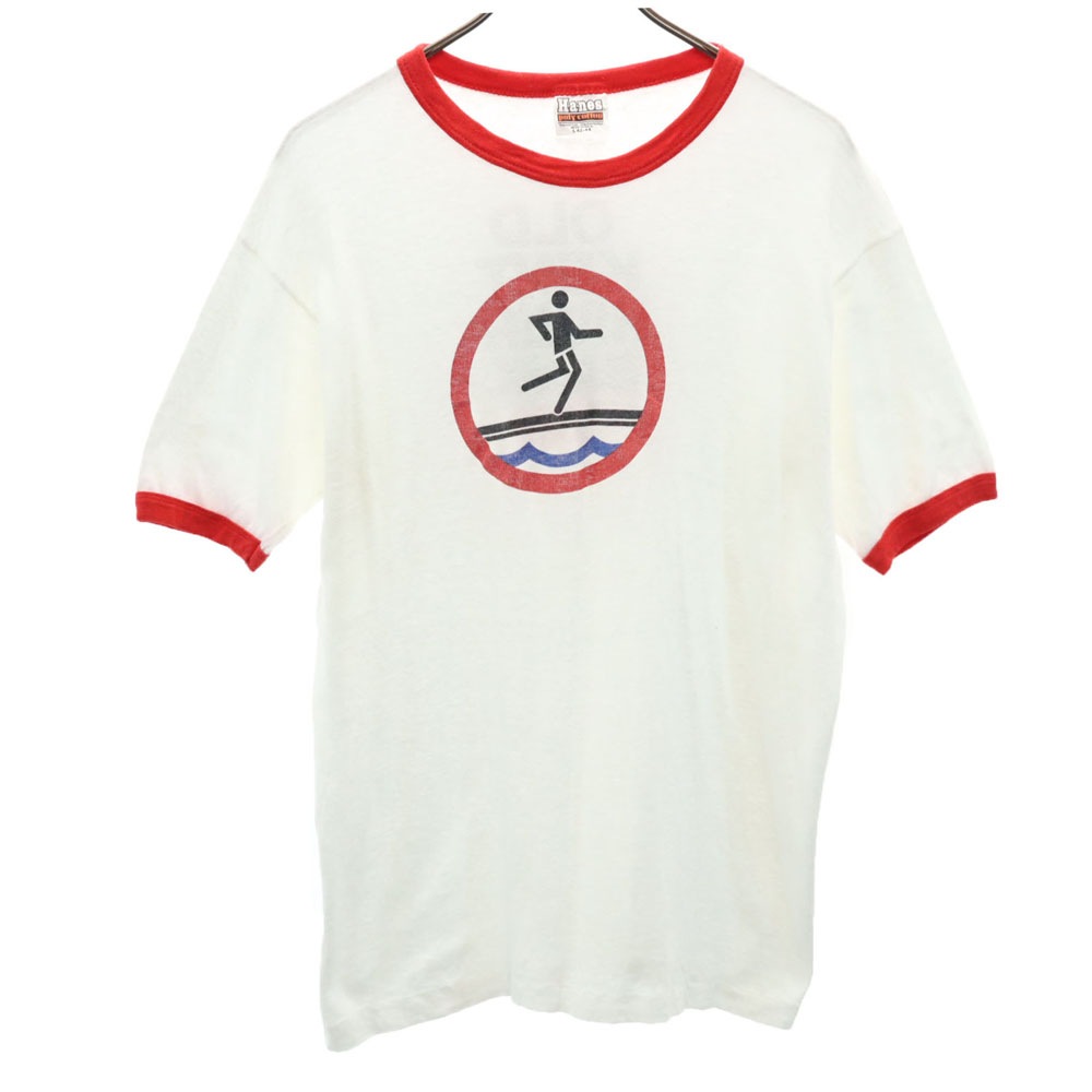 70s 80s USA製 半袖 リンガー Tシャツ L ホワイト トリム オールド ヴィンテージ メンズ