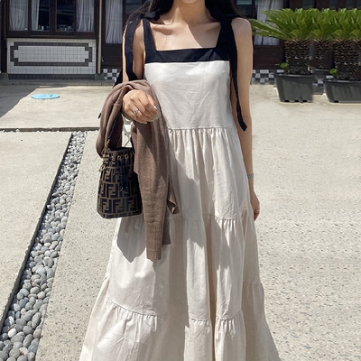 ワンピース ティアードワンピース ロング ロング丈 マキシ マキシ丈 袖なし ノースリーブ フレアスリーブ スクエアネック フレア Aライン リボン 前開き 透け感 シースルー かわいい 大人可愛い