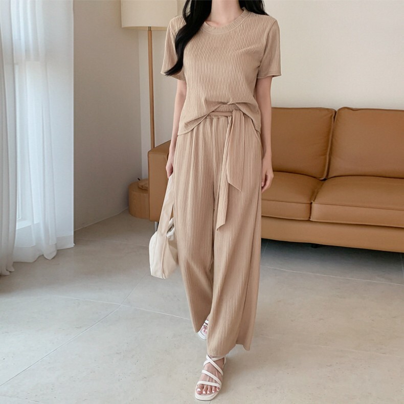 セットアップ カットソー ワイドパンツ ロング丈 半袖 スリム ストレート ウエストマーク ハイウエスト ウエストゴム 伸縮性 ツーピース かわいい 大人可愛い きれいめ シンプル カジュアル 大人