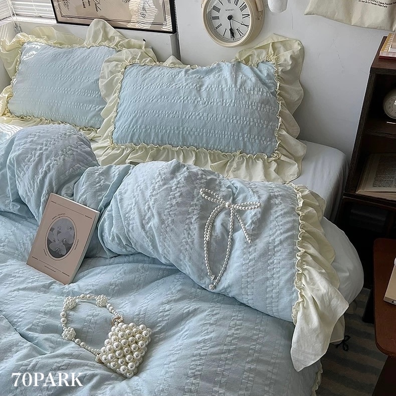 フリル ウォッシュドコットン 布団カバーセット 全2種 ブルー ベッドカバー ベッドカバー シングル ダブル クイーン ベッドリネン おしゃれ 韓国 北欧インテリア 韓国インテリア 70PARK