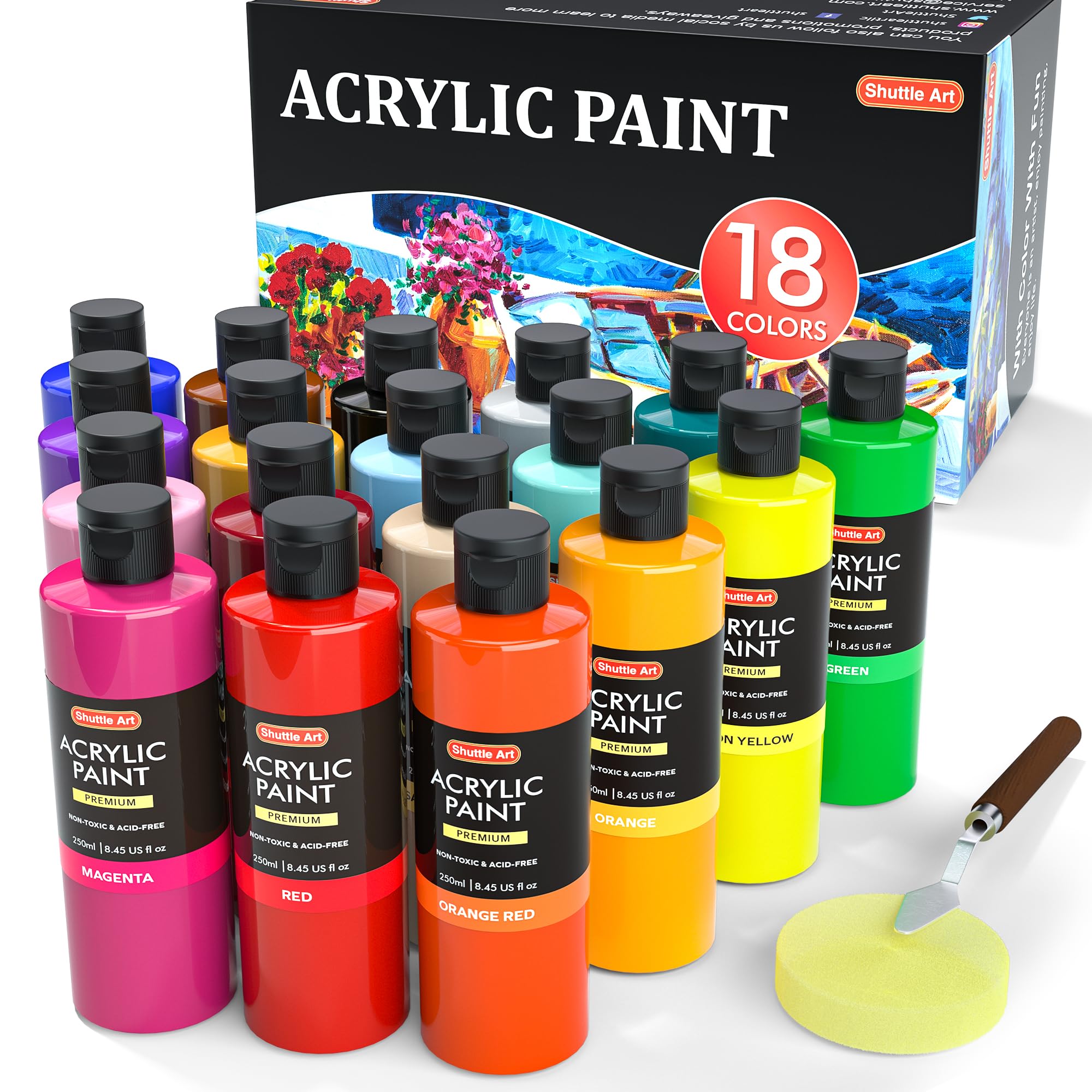 Shuttle Art アクリル絵の具 18色 250ml 大容量 絵の具セット 無毒 速乾 耐水 耐久 伸びがいい 鮮やか ボトル キャンバス/石/木材/セラミック/壁に描ける キラキラ絵の具 画材