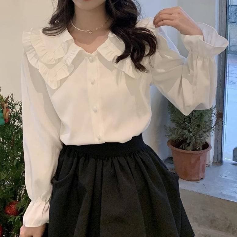 長袖 上品 大きいサイズ とろみブラウス 重ね襟 シフォン おしゃれ レトロ フリルブラウス ダブルカラー 襟付き ス マニッシュ ホワイト ビッグカラーブラウス 大人可愛い ボリューム袖 ブラウス