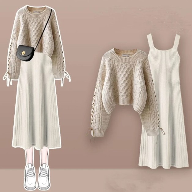 【2023秋冬の新型韓国版】 無地長袖シンプルファッションレトロボウタイラウンドネック+ハイウエストAラインワンピースセット