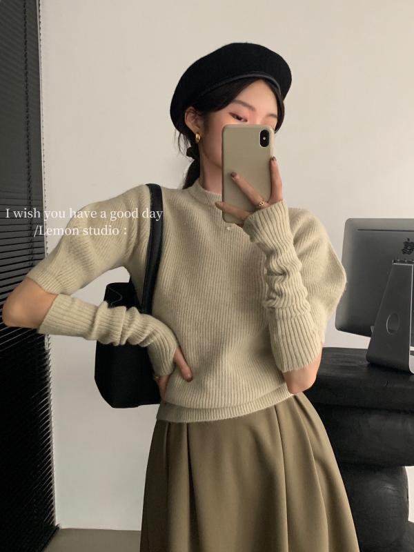 パフスリーブ 半袖 ニット セーター レディース 秋 トップス おしゃれ 袖 ぽわん ラウンドネック アームウォーマー 付き プルオーバー 無地 白 赤 黒