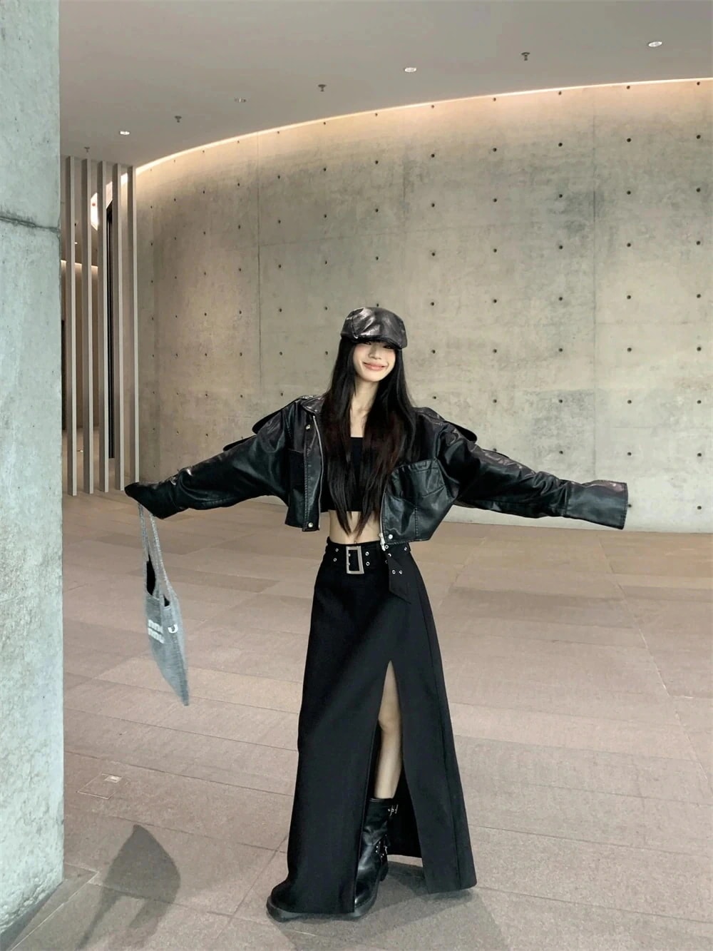 2025 セットアップ 上下セット レザージャケット スリットスカート アウター ロングスカート 長袖 レトロ 韓国ファッション レディース