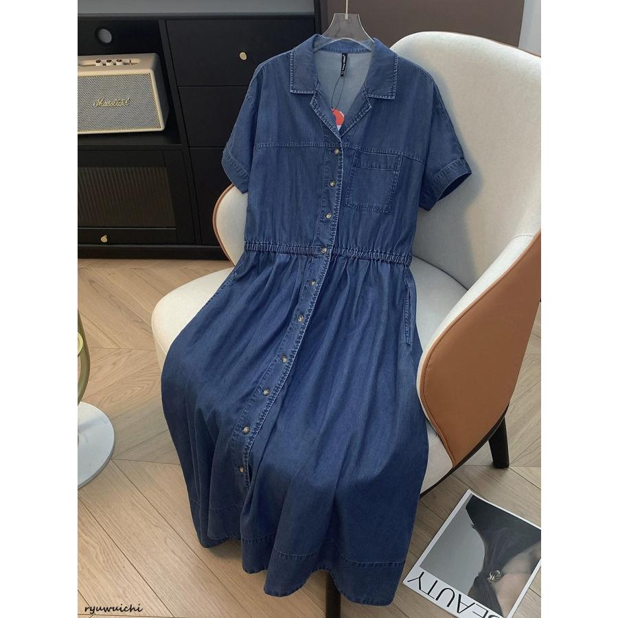 [夏物レディース]天竺綿デニムワンピース ストレッチウエスト ショートスリーブ 薄手ロングドレス タイトシルエット トレンドカジュアル 20代 30代 40代62051