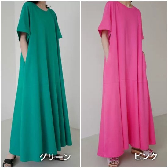 【取寄：納期2週間】ワンピース ロング丈 半袖 ロールアップ ラウンドネック ルーズ プルオーバー Aライン
