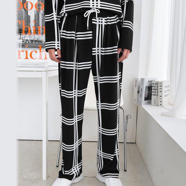 メンズワイドダブルチェック スパン バンディング パンツ 5C-PTA-Q081-ブラック