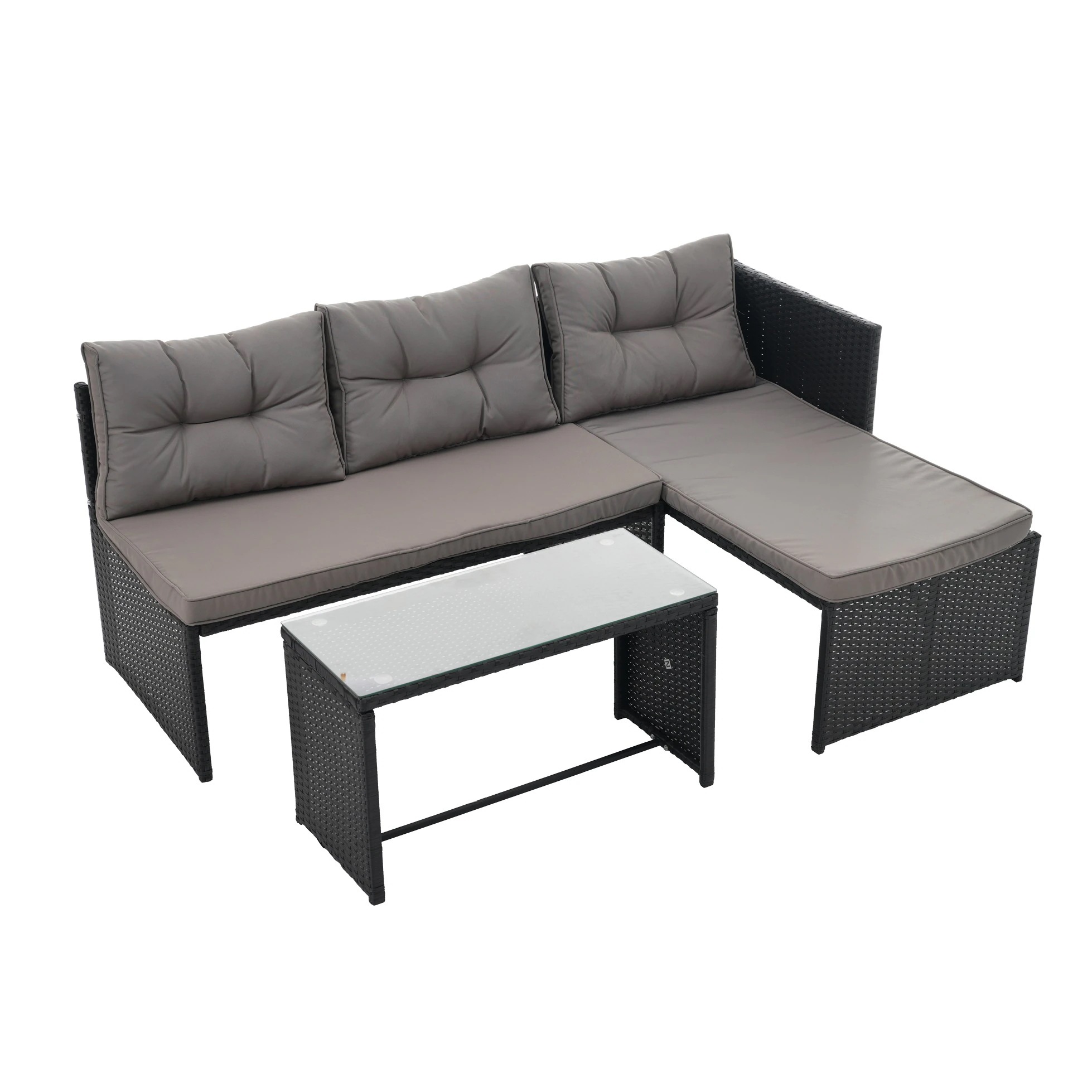 ラタン調ガーデンファニチャーセット ガーデンテーブルセット ガーデンチェアー 家具 樹脂 ホテル カフェ ベランダ テラス　屋外家具 高級 ソファ 【本体ブラック+クッショングレー】