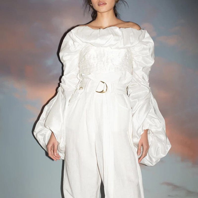 トップス シャツ ブラウス 白トップス 袖あり 長袖 ボリューム袖 ラウンドネック モード 個性派 オフショルダー パフ フリル リボン 綿 かわいい 大人可愛い きれいめ シンプル カジュアル wt