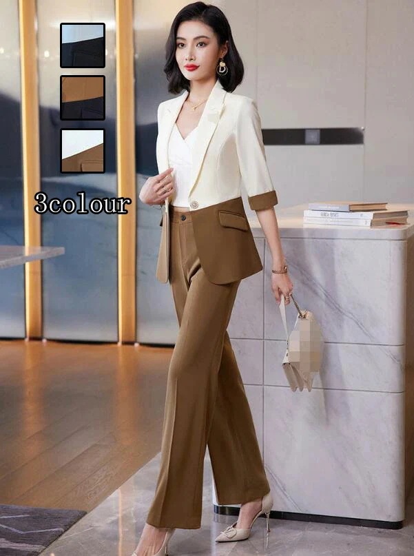 洗えるスーツ 着痩せ レディース フォーマル 大きいサイズ セットアップ 通勤 OL ガウチョパンツ+7分袖ジャケット 2点セット ママ 入学式 卒業式 カジュアル ビジネス パンツスーツ 結婚式 オ