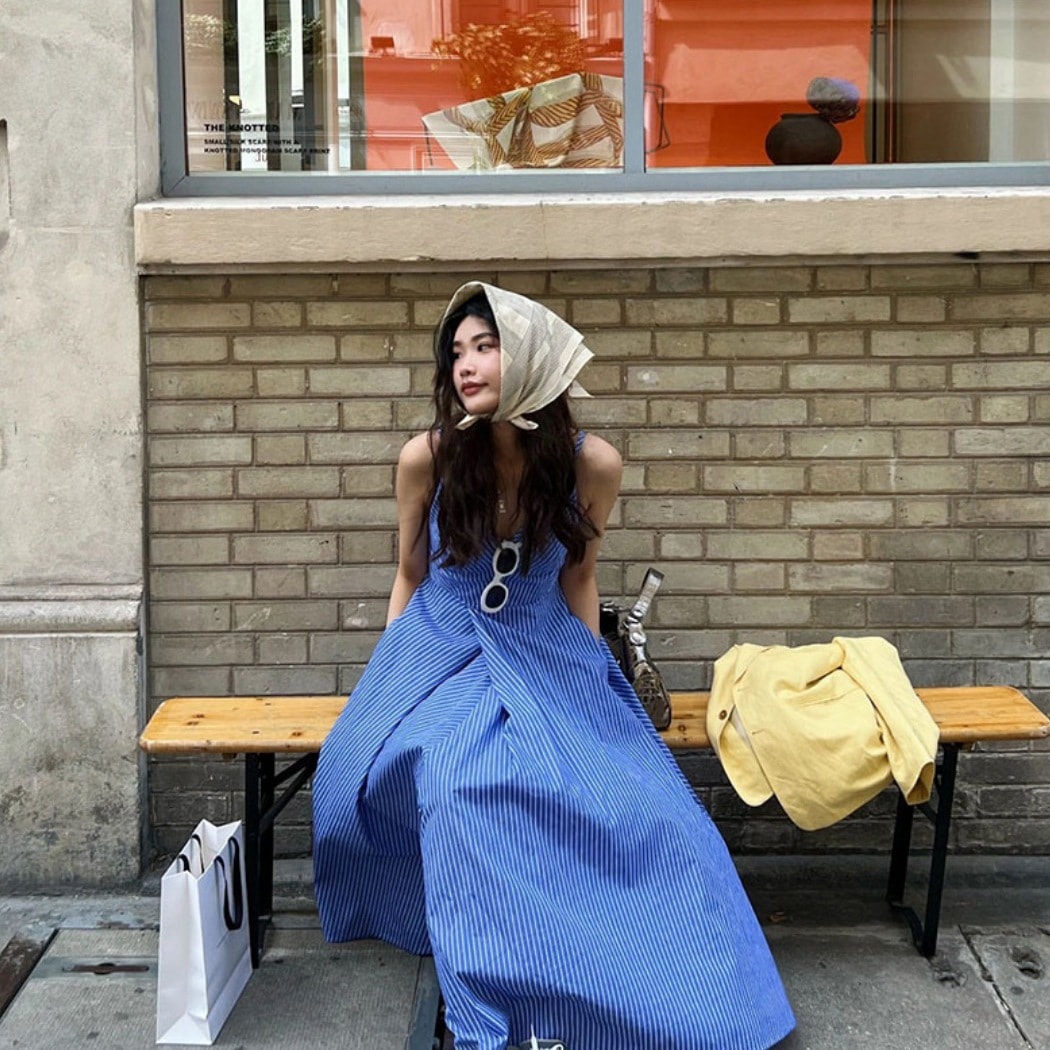 ワンピース ロングスカート ワンピドレス 膝下 ロング ロング丈 袖なし ノースリーブ Vネック ハイウエスト サスペンダー Aライン 襟なし 薄手 かわいい 大人可愛い きれいめ シンプル シック