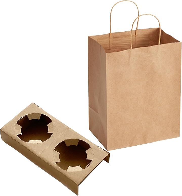 お持ち帰り カップホルダー 紙袋セット ドリンクホルダー 業務用 使い捨て 手提げ袋 テイクアウト 紙製 TAKEOUT コーヒー カフェラテ(カップホルダー60+紙袋60セット)