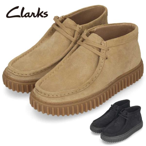 クラークス Clarks ワラビー メンズ レザー スエード ブーツ トーヒルハイ 厚底 ブラック 黒 ダークサンド Torhill Hi 26173