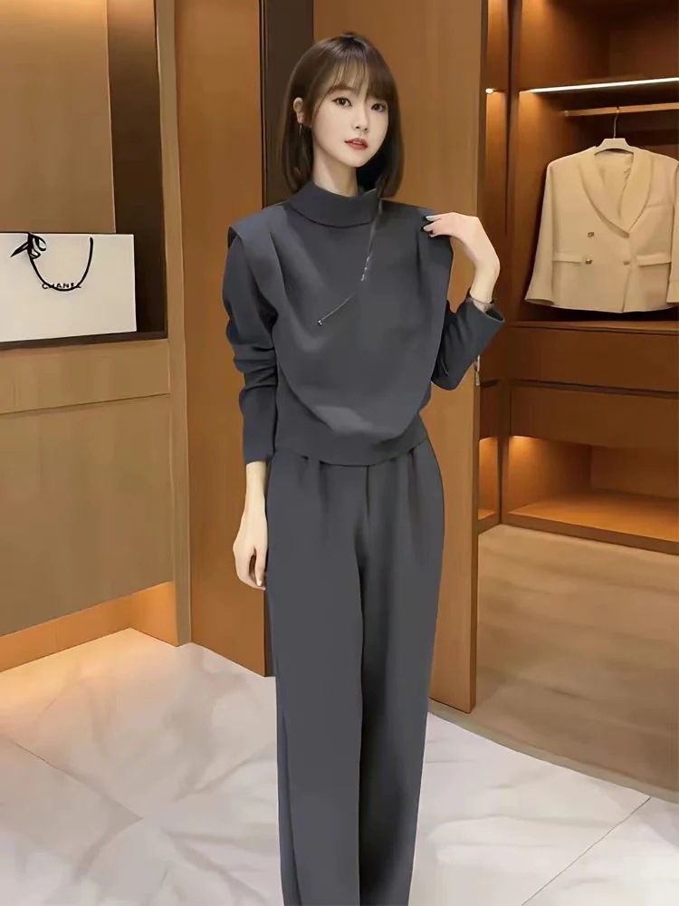 韓国 セットアップ カジュアル スポーツウェア レディース スプリング 襟 スウェットシャツ ツーピースセット