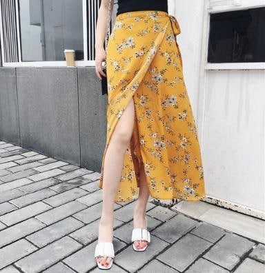 3070.ハイウエストロングシフォンビーチスカート（菊イエロー）