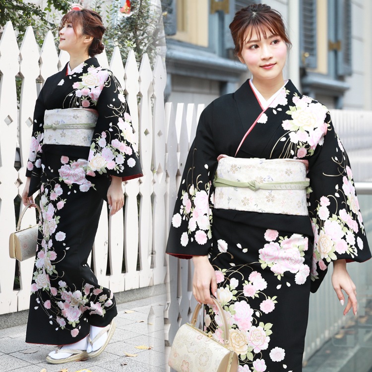 レンタル 訪問着 レンタル 訪問着フルセットレンタル 黒 薔薇と桜 ネットレンタル 入学式 七五三 ママ 卒業式　20代 30代 40代 50代 60代