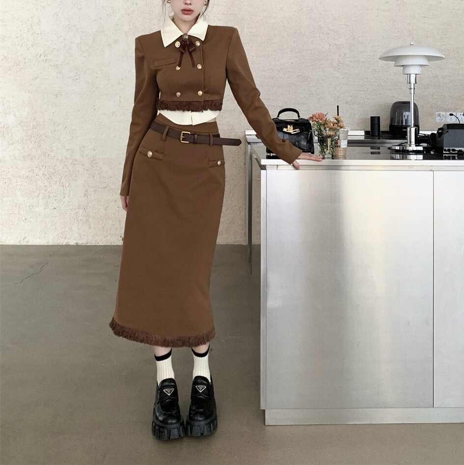 セットアップ レディース ロングスカート ジャケット S M L 韓国 ミニ丈 ショート丈 長袖 スリム タイト 細身 ベルト ベルト付 かわいい 大人可愛い きれいめ 上品 シック おしゃれ 綺麗