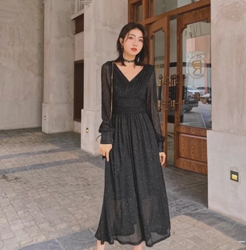 ワンピース モテアイテム エレガント ロング 長袖 カシュクール フレア セミフレア Aライン ウエストリボン 薄手 ラメ きれいめ 大人 上品 おしゃれ お洒落 レトロ アジアン エキゾチック