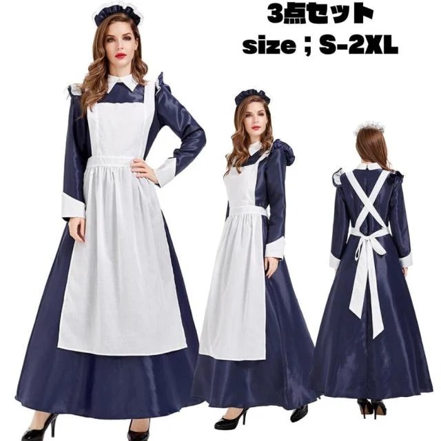 メイド服 ロング ロング コスプレ イギリス風 フリル クラシカル 黒 ブラック 大きいサイズ 可愛い メイド エプロン カチューシャ 衣装 セクシー コスチューム ハロウィン ロングメイド こすぷれ