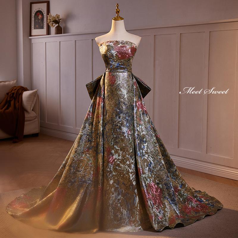 カラードレス プリンセスライン ゴールド 花柄 ベアトップ リボン ロングドレス ウェディングドレス 結婚式 二次会 花嫁 前撮り 演奏会 発表会 ステージ衣装