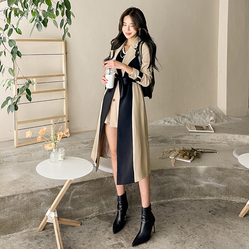 バイカラートレンチコート ロングコート ブリティッシュスタイル ミドル丈コート ロングスーツジャケッ