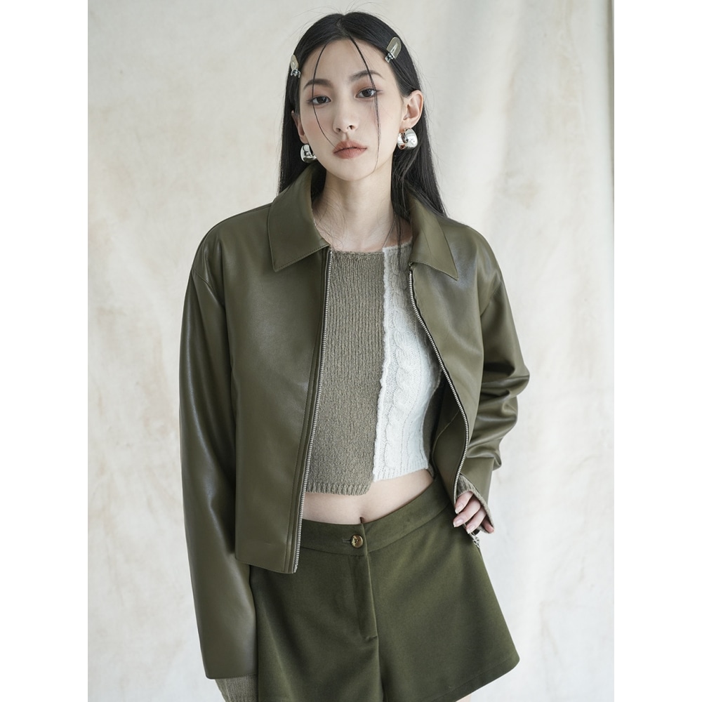 アヴァンドレスベーシッククロップドレザージャケットオリーブ