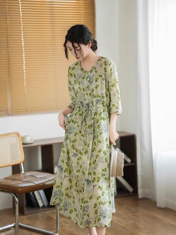 6月の新タイムセールレディース ワンピース ロングドレス 小花柄 ゆったり 軽量 薄手 ラミー 麻素材 夏用 ウエストマーク スリム見え 着痩せ 体型カバー 通勤 普段使い 吸湿速乾 伸縮性