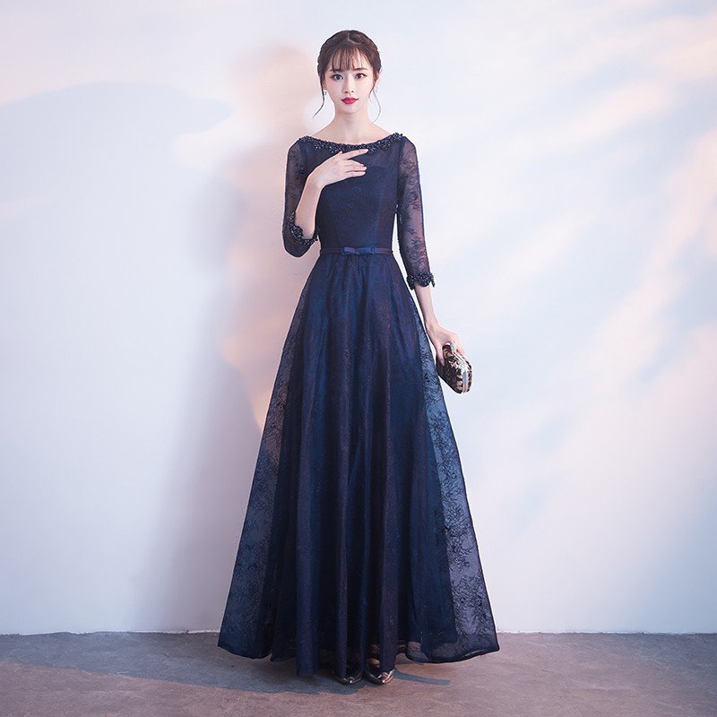 カラードレス 青 ロング 演奏会 格安 フォーマルドレス 袖あり 結婚式 パーティードレス 二次会 花嫁 ロングドレス ブライズメイドドレス サッシュリボンドレス
