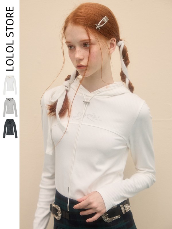 LOLOL 25AW ホワイト フード付き ボトムシャツ レディース 秋冬 ハイエンド 長袖 スリムフィット トップ Tシャツ