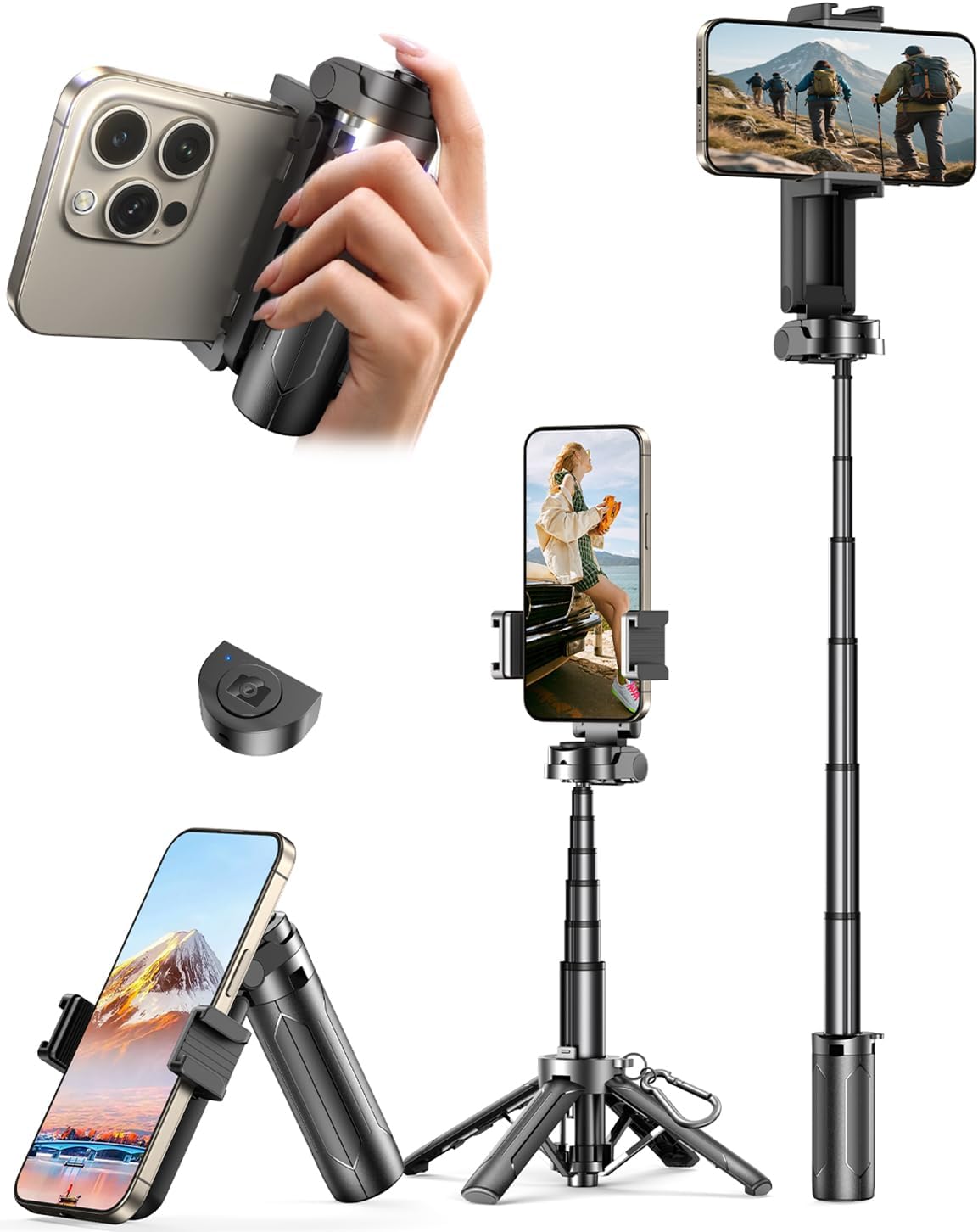 自撮り棒 スマホスタンド グリップ 三脚 折りたたみ式 7段階伸縮 最大48cm リモコン付き 4～7インチ対応 ブラック