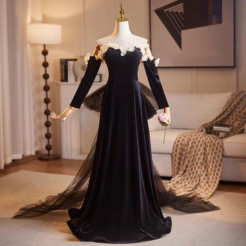 ブラック　長袖 パーティードレス　カラードレス　ティアードスカート 二次会ドレス フォーマルドレス二次会 前撮り ドレス ウェディングドレス 二次会 2次会 成人式 同窓会 謝恩会 大学生 服装