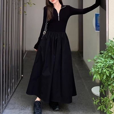 ハーフジップフレアスカートドッキングワンピ ワンピース マキシ丈 長袖 フレア 2XL 3XL 韓国 レディース オルチャン 可愛い シンプル 個性的 大人 かっこいい きれいめ 高級感
