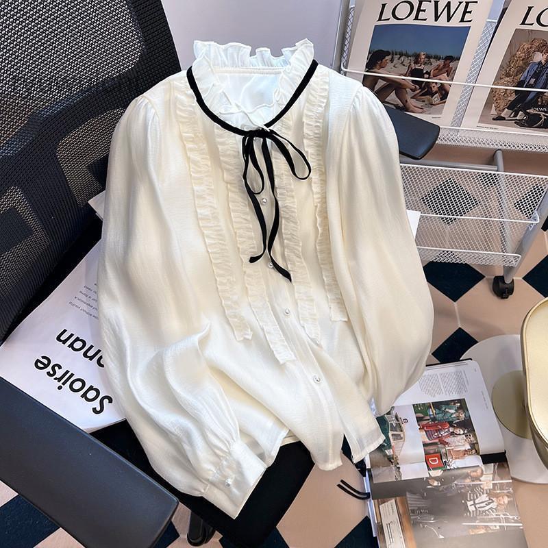 【急速出荷!】【新作入荷】気質 長袖シャツ ブラウス トップス ック フリル ル リボン ボリュームスリーブ きれいめ 清純 大人可愛い フォーマル オフィス ホワイト イベント清楚