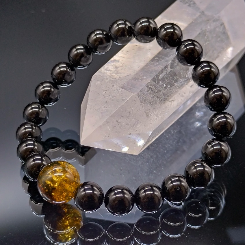 モリオン アンバー 琥珀 ツインカラー 8mm 親玉12mm ブレスレット パワーストーン 天然石