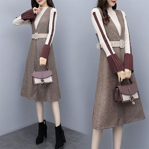 セットアップ レディース 秋 冬 2点セット シャンパースカート 配色 膝丈 ミモレ丈 トップス ニ